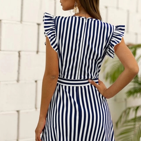 Strip Wrap Ruffle Hem Belted Dress. - Picture 2 of 4